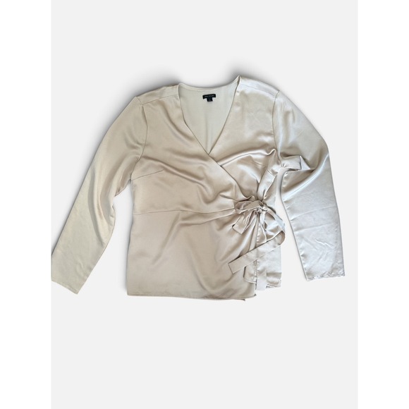 Ann Taylor Tops - Ann Taylor Women Champagne Beige Satin Long Sleeve Side Tie Wrap Blouse Large